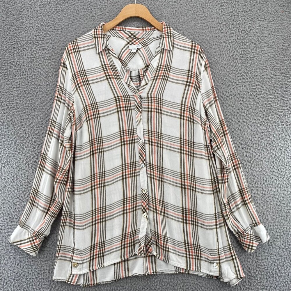 J Jill Top Womens Medium White Brown Plaid Button Up Collar Long Sleeve Casual